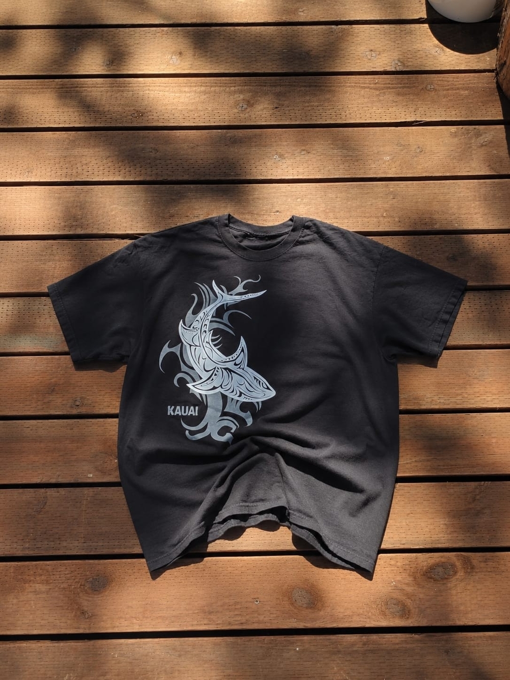 Black Kauai Graphic Tee with Tribal Shark Print